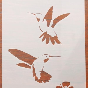 Könnte beinhalten: Eine transparente Kunststoffschablone mit zwei fliegenden Kolibri-Designs und einer Blume. Die Kolibris sind mit detaillierten Flügeln und Schnäbeln dargestellt. Die Blume ist ein stilisierter Hibiskus. Ideal für Bastel- und Kunstprojekte.