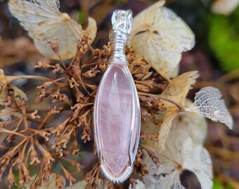 Rose Quartz pendant wire wrapped in non-tarnish silver