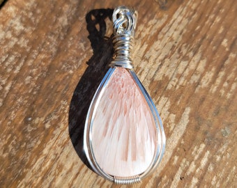 Pink Scolecite pendant wire wrapped in non-tarnish silver