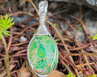 Green Sea Sediment Jasper pendant wire wrapped in non-tarnish silver