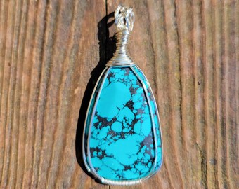 Faceted Turquoise pendant wire wrapped in non-tarnish silver