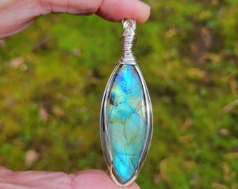 Blue Green Marquis Labradorite pendant wire wrapped in non-tarnish silver