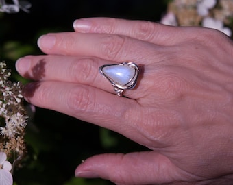 Moonstone ring wrapped in non-tarnish silver