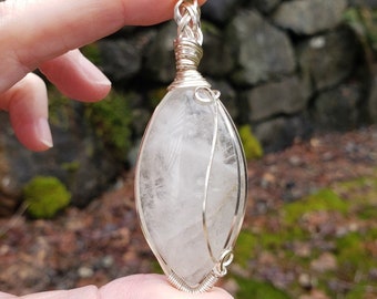 White Quartz Crystal pendant wire wrapped in non-tarnish silver