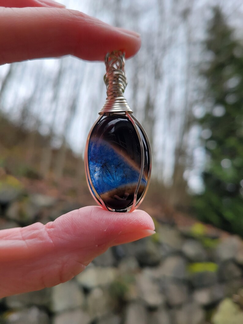Black Blue Onyx Druzy Geode pendant wire wrapped in non-tarnish silver