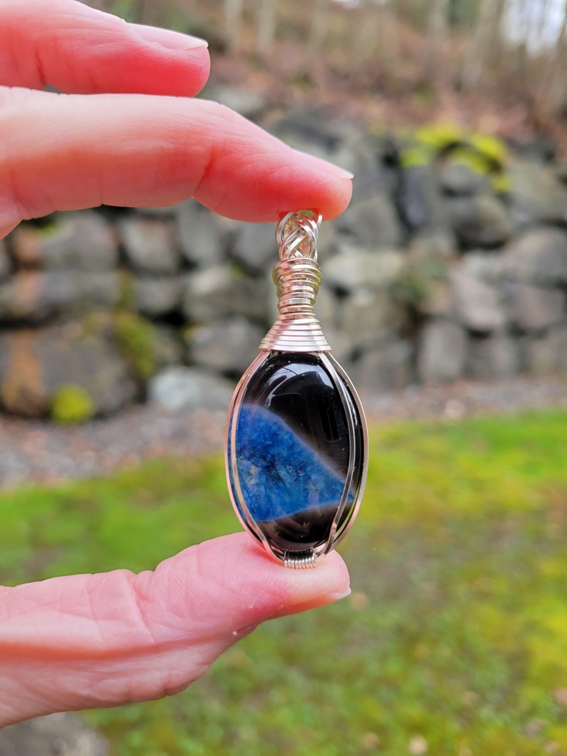 Black Blue Onyx Druzy Geode pendant wire wrapped in non-tarnish silver