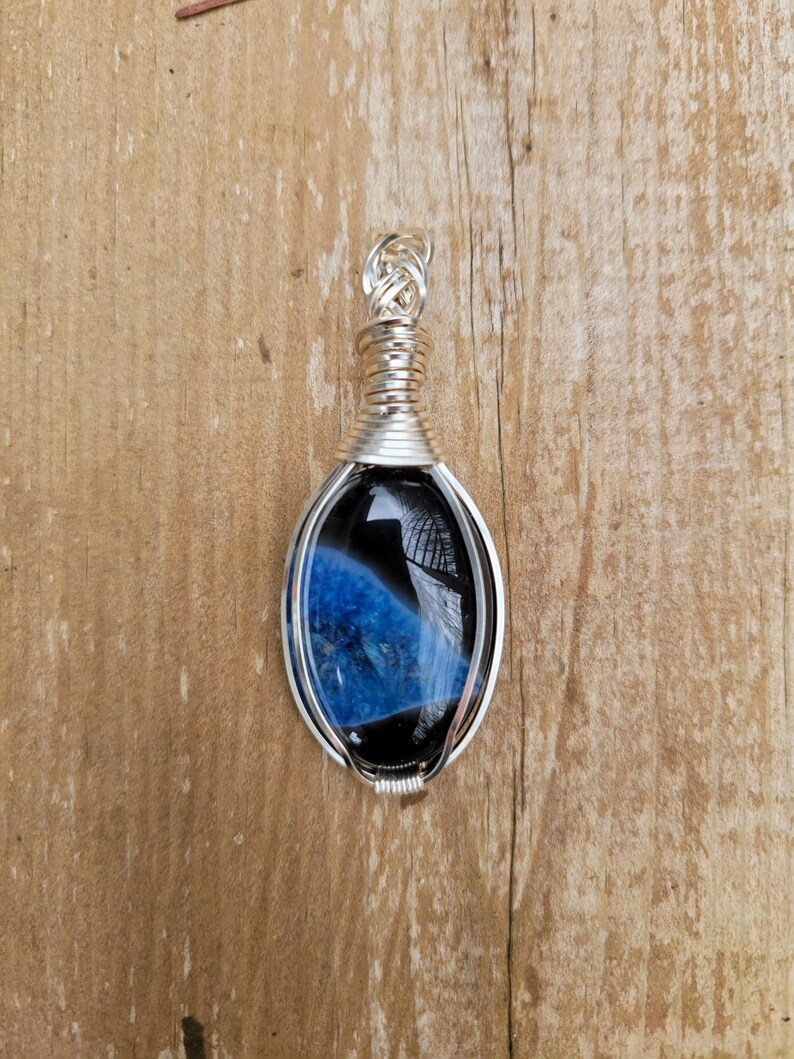 Black Blue Onyx Druzy Geode pendant wire wrapped in non-tarnish silver
