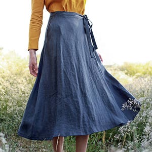 Linen wrap skirt FRIDA,  Calf length linen skirt, A line wrap skirt, Charcoal linen skirt, Long linen skirt for woman