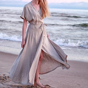 Wrap maxi dress DELILAH, Natural linen dress, Linen kimono dress with belt Natural