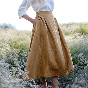 Linen skirt FLORENCE, Maxi linen skirt, Mustard linen skirt, Linen skirt with pockets, Linen maxi skirt, Ruffled back skirt Mustard