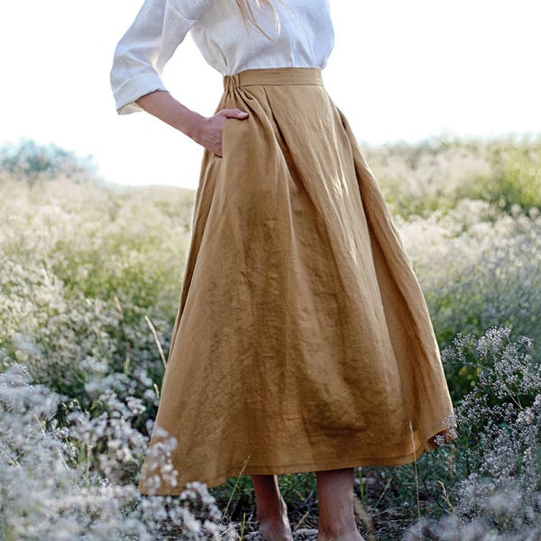 Linen skirt FLORENCE, Maxi linen skirt, Mustard linen skirt, Linen skirt with pockets, Linen maxi skirt, Ruffled back skirt