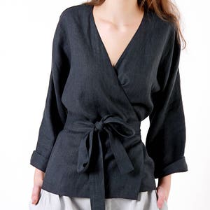 Linen blouse ROMA, Charcoal linen wrap top, Kimono linen top, Linen tops for woman, Linen wrap, Linen kimono blouse, Wrap linen clothing image 1