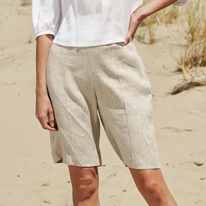 Straight cut linen bermuda shorts ANIKA, Linen shorts for woman, High waist shorts with pockets, Pull on linen shorts