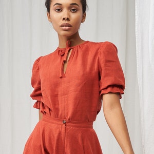 Linen puff sleeve top LUCIA, Tie neck top, Linen short sleeve blouse, Puffed sleeve linen top for woman, Vintage inspired linen top
