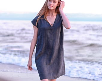 Linen Tunic ANNA,  Charcoal Linen Tunic Dress, , Natural Linen Tunic, Charcoal Linen Tunic Dress, V neck tunic dress, linen dress with belt