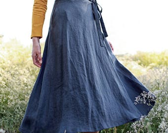 Linen wrap skirt FRIDA,  Calf length linen skirt, A line wrap skirt, Charcoal linen skirt, Long linen skirt for woman