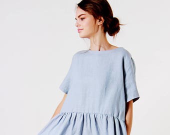 Linen Dress, Bluish Grey Linen Dress, Ruffle Waist Linen Dress, Linen Dresses for woman, Linen Summer Dress, Linen Tunic Dress