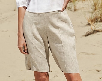 Straight cut linen bermuda shorts ANIKA, Linen shorts for woman, High waist shorts with pockets, Pull on linen shorts