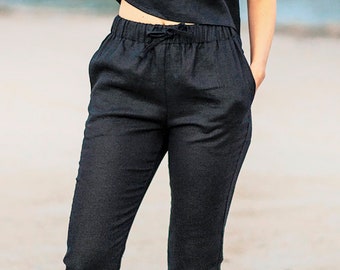 Linen Crop Pants KAIA: High Waist Drawstring Trousers with Pockets