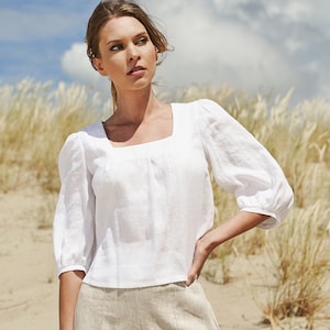 Square Neck Linen Top ESTHER: Bishop Sleeves, Crop length