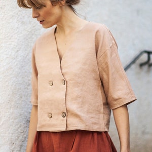 Double Breasted Linen Crop Top WILLA: Short Sleeve Lithuanian Linen Blouse