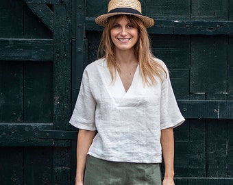 Linen shirt ELODIE, Linen short sleeve shirt, Linen beach shirt, Linen tshirt, Off white linen shirt, Linen resort wear