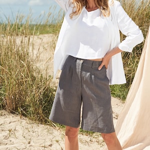 Linen bermuda shorts GEMMA, Linen shorts for woman, High waist shorts with pockets