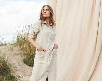 Linen shirt dress APRIL, Long sleeve linen dress, Button down linen dress, Linen midi length dress, Long linen shirts for woman, Linen tunic