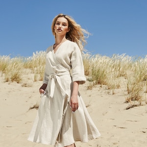 Long linen wrap dress THALIA, Below the knee length linen dress, Elbow sleeves linen dress in black, A line linen dress with kimono sleeves Beige