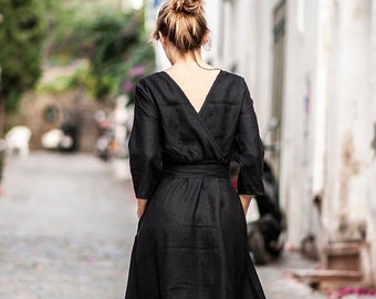 Wrap Back Linen Dress SCARLETT, Calf Length Dress, Black Linen Dress with belt, Linen A Line Dress