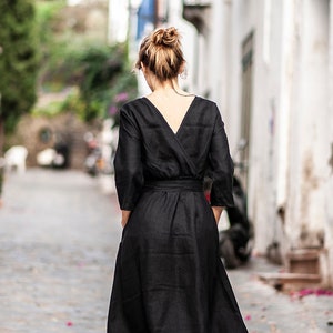 Wrap Back Linen Dress SCARLETT, Calf Length Dress, Black Linen Dress with belt, Linen A Line Dress