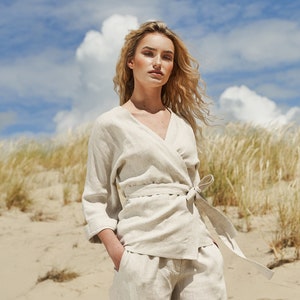 Linen Wrap Top: ROMA Natural Kimono Blouse, Elbow Sleeves