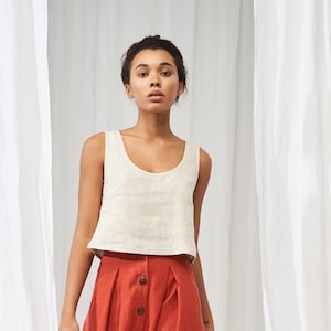 Linen crop top STELLA, Linen tank top, Linen sleeveless top, Natural linen top, Scoop neck crop top for woman, Linen casual top image 2