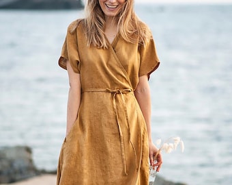 Maxi linen wrap dress DELILAH, Long linen dress, Mustard linen dress, Linen kimono dress with belt, Linen beach dress