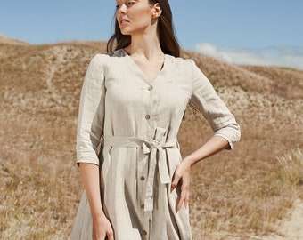 Dress button down dress SANTANA, Natural linen dress with pockets, Linen v neck dress, Midi length dress for woman