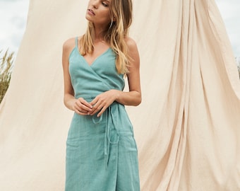 Dress EDEN, Linen spaghetti strap dress, Linen wrap dress, Linen dress, Linen dress with belt, Summer dress, Natural linen dress, Wrap dress