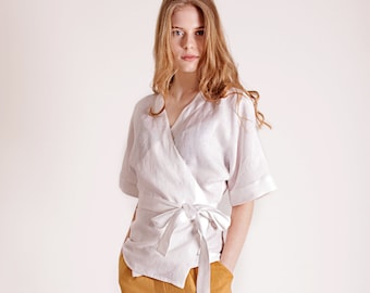 Wrap linen blouse short sleeves DENISE, Linen wrap top, Kimono linen top, Linen tops for woman, Linen wrap, Linen kimono blouse