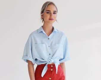 Tie up crop shirt JACKIE, Linen button up shirt, Short sleeve linen shirt, Summer shirt for woman, Tie up crop top, Loose linen shirt