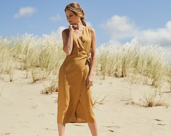 Linen Wrap Dress LYDIA: Sleeveless Midi Dress with Pockets