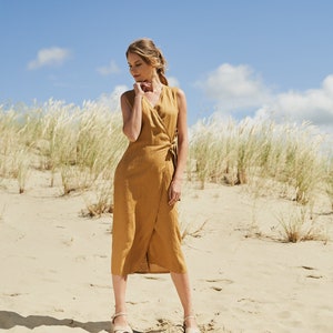 Wrap Linen Shift Dress LYDIA Linen Wrap Dress in Calf Length