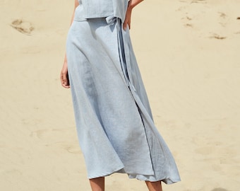 Linen wrap skirt FRIDA,  Calf length linen skirt, A line wrap skirt, Bluish gray linen skirt, Long linen skirt for woman