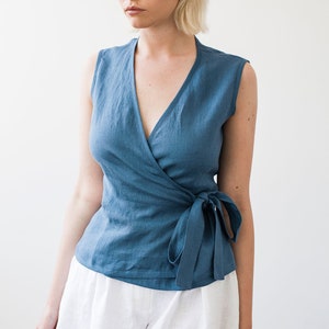 Linen top LYDIA, Linen wrap top, Classic blue linen top, Linen tops for woman, Linen wrap blouse, Linen tank top, Blue linen tank image 3