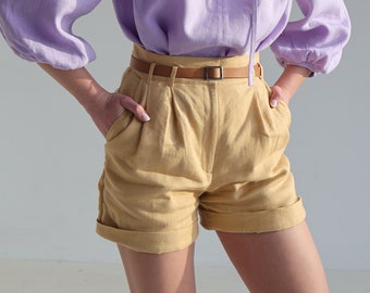 Linnen short met hoge taille SYDNEY, Short met geplooide voorkant, Klassieke linnen short voor dames, Verzacht linnen short, Zomershort met zakken