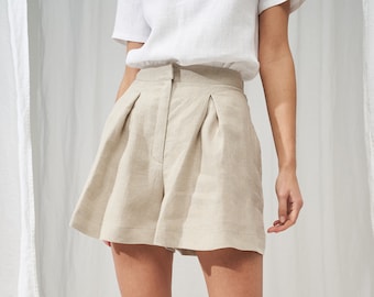 Linen shorts AGNES, Linen shorts for woman, Laundered linen shorts, Linen shorts skirt, Loose linen shorts for woman, High waist shorts