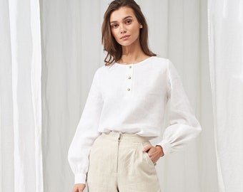 Camisa de lino Giselle con mangas abullonadas: Top con botones delanteros GISELLE