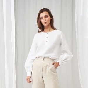 Giselle Linen Balloon Sleeve Shirt: Button Front Top GISELLE