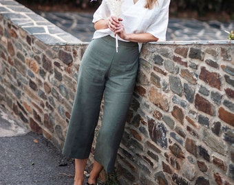 Linen pants RILEY, Linen crop pants, Summer linen pants, Relaxed linen pants, Pull on linen pants, Moss green linen pants