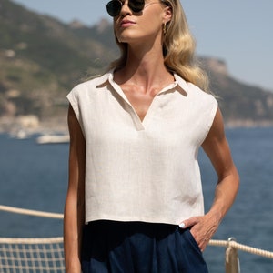 Washed Linen Crop Top: Sleeveless Shirt with Collar MAGGIE