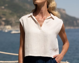 Washed Linen Crop Top: Sleeveless Shirt with Collar MAGGIE