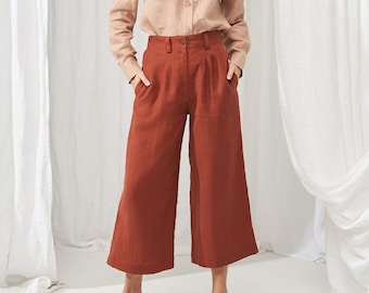 Weites Bein Leinen Hose GEMMA, Leinen Crop Hose mit hoher Taille, Leinen Schlaghose, Leinen Culotte Hose, lose Hose für Frau, Leinen Hose